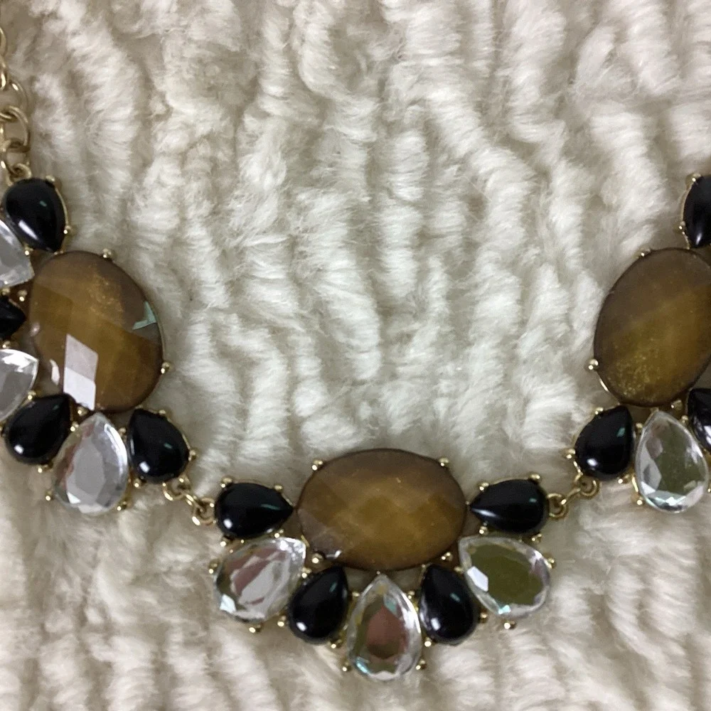 Vintage Gold Tone Necklace Black & Clear Teardrop Accents Faceted Brown Stones